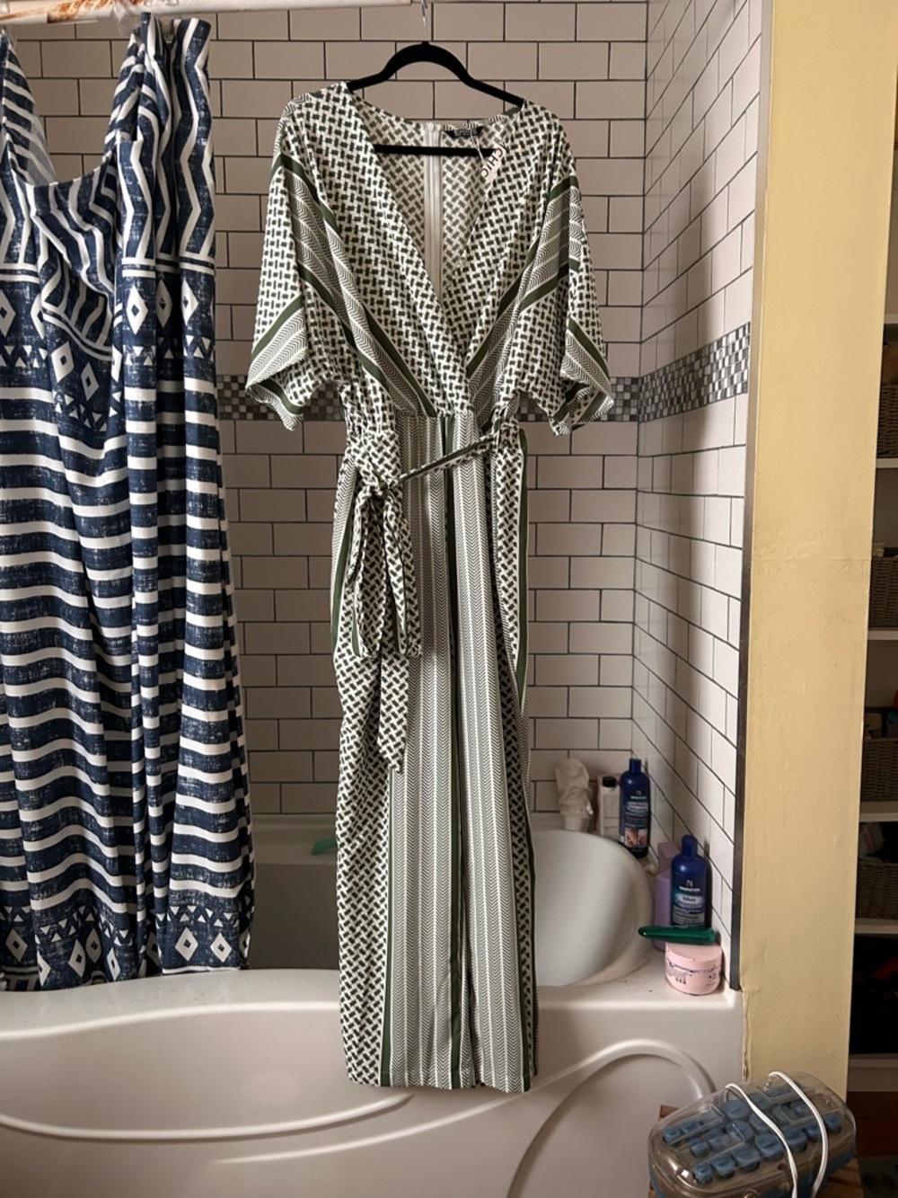 BloomChic Olive & White Geometric Stripe Wrap Jumpsuit